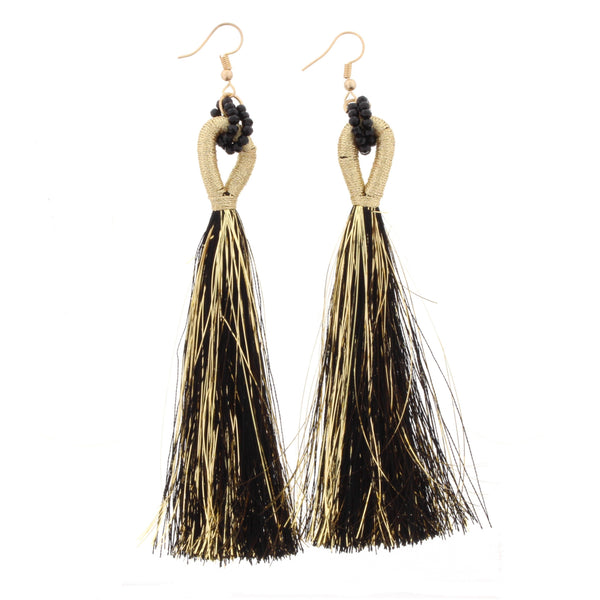 Jane Marie Beaded, Threaded Hoop, Fringe Tassel Earrings