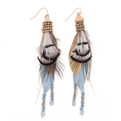 Jane Marie Gold Dipped Feather, Beaded & Leather Tassel Earrings